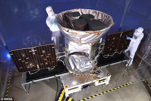 NASA's Transiting Exoplanet Survey Satellite (TESS) was launched in 2018 to monitor the sky for changes in the brightness of the nearest stars.  It is pictured here before launch