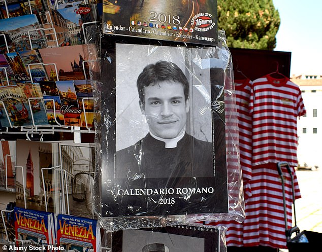 The black and white calendar (on display at a newsstand in Venice), which has been released every year for more than two decades, features a selection of cassock-wearing hunks said to be Catholic prelates