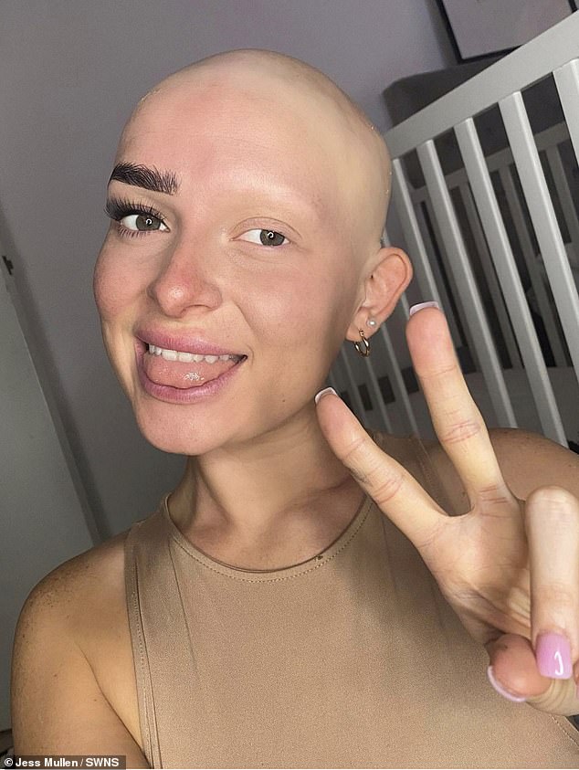 Jess Mullen (pictured), 27, lost her hair, eyebrows and eyelashes when she was just 16 years old