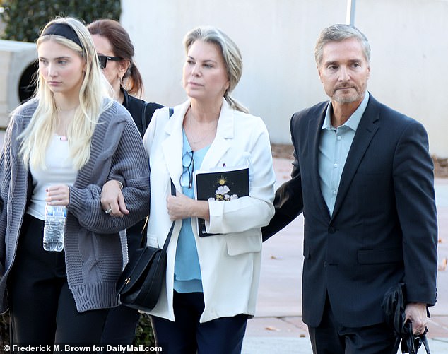 Rebecca Grossman, Dr.  Peter Grossman and their daughter arrive for court at the Los Angeles Superior Courthouse on January 30, 2024 in Van Nuys, California