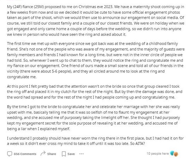 A woman, 24, fears she was wrong for wearing her engagement ring to her friend's wedding because she hasn't yet shared the news with most of her friends and family