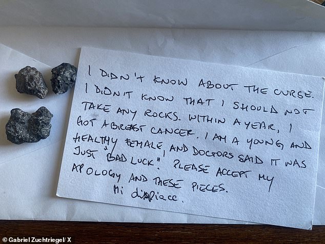 But Deb said within eight years of returning home she was divorced and diagnosed with breast cancer - just like the mystery woman who this month returned three pumice stones she stole from Pompeii, along with a groveling letter (pictured)