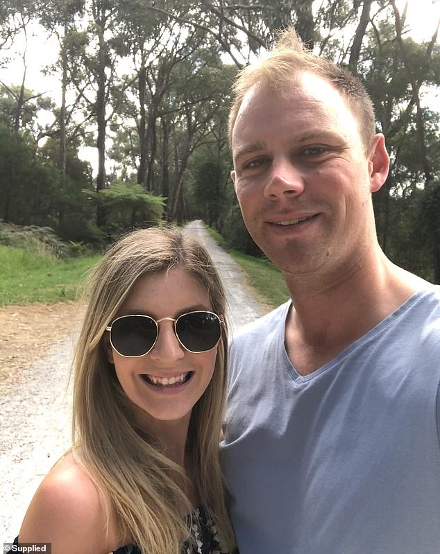 Nicole (pictured with her husband David) was fit, healthy and 22 weeks pregnant with her first child with no signs that anything was wrong before she collapsed one morning in March 2020.