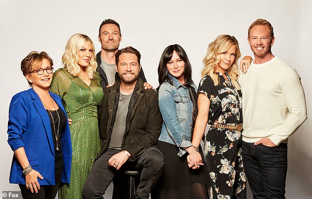 (L-R) Gabrielle Carteris, Tori Spelling, Brian Austin Green, Jason Priestley, Shannen Doherty, Jennie Garth and Ziering appeared on the 2019 reboot BH90210