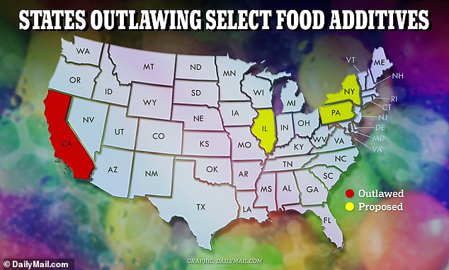 The above map shows the state that has implemented bans on four food additives – brominated vegetable oil, potassium bromate, propyl paraben and red food coloring No. 3 – and the three that are considering bans (yellow).  Illinois is also considering banning titanium dioxide, which is found in cones