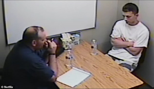 The trailer shows footage of the loving boyfriend in police interrogation rooms as he was questioned about an argument with his girlfriend over messages she found on his phone