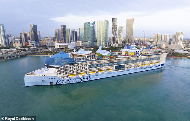 Icon of the Seas, pictured here in Miami, cost $2 billion to make and took 900 days to build