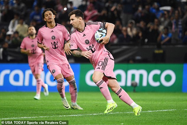 Inter Miami forward Lionel Messi celebrates a penalty goal in the second half against Al Hilal