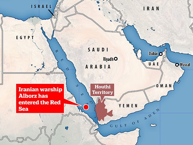 The warship entered the Red Sea from the south, near the Gulf of Aden