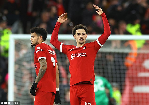 Curtis Jones celebrates after scoring an equalizer for Liverpool in Wednesday night's win over Fulham