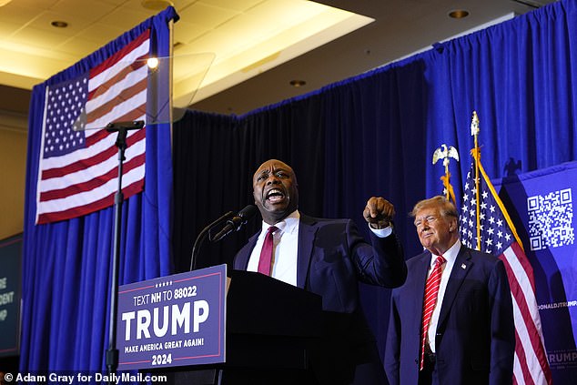 Senator Tim Scott appeared on stage with Donald Trump in Concord, New Hampshire, on Friday evening to endorse the former president's race for the Republican nomination