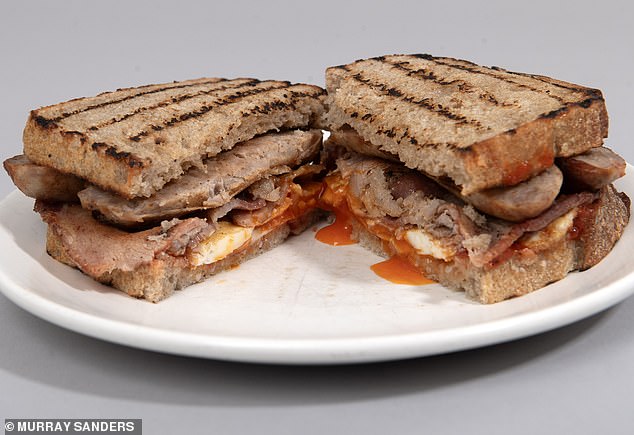 His signature dish, the infamous and ridiculous Nanny Peggy's English Breakfast Sandwich (£10)