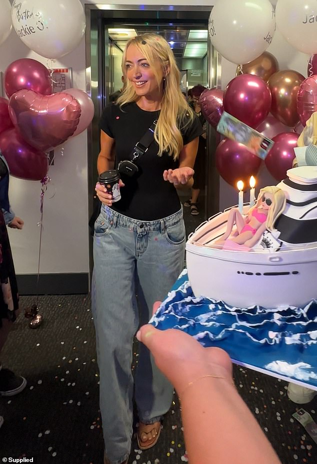 Earlier in the day, Jackie's KIIS 1065 team surprised the radio star with an extravagant custom birthday cake