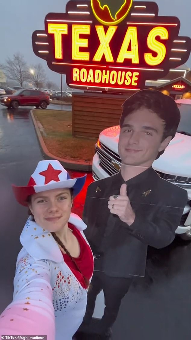 US-based content creator Madison, who does not reveal her last name, has caused quite a stir after revealing she spent $200 on a 'first date' at Texas Roadhouse with a cardboard cutout of Saltburn's Jacob Elordi