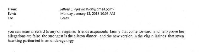 This is a copy of the email Epstein appears to have sent to Ghislaine Maxwell, urging her to backtrack on the allegations against Professor Hawking