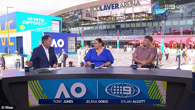 Jelena Dokic has revealed a production secret during Channel Nine's Australian Open coverage.  Dokic, 40, joined co-hosts Tony Jones and Dylan Alcott in the studio outside Rod Laver Arena and quickly asked about the mugs in front of them.  All depicted