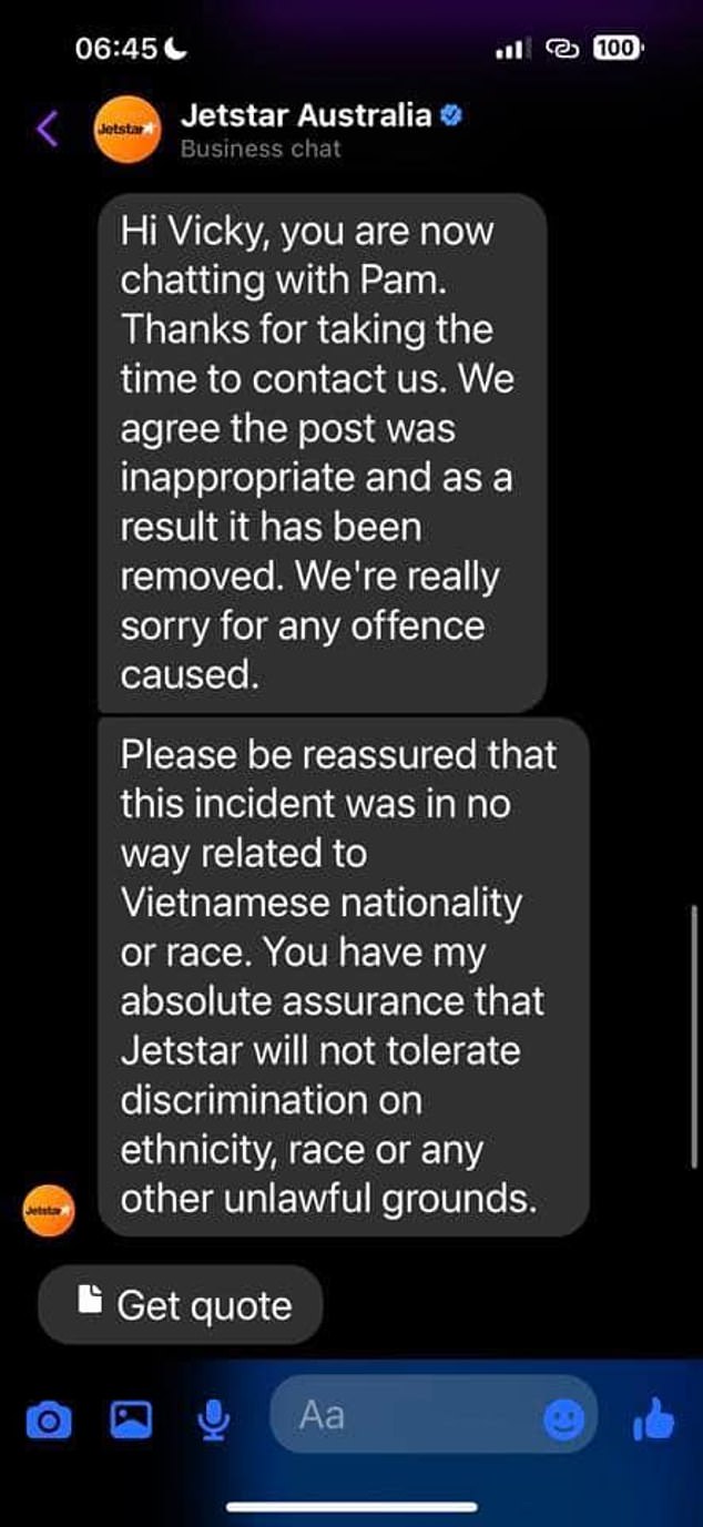 One flyer shared a personal apology message she received after contacting the airline via its official Facebook page (pictured)