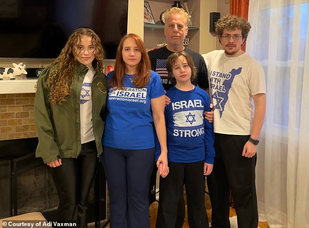 Mother Adi Vaxman is speaking out after her family was subjected to anti-Jewish harassment over her daughter's IDF jacket, a gift from her grandfather.  In the photo, from left to right: 16-year-old daughter Maya Vaxman-Magid (wearing the jacket), mother Adi Vaxman, father Ronen Magid, 12-year-old son Ethan Vaxman-Magid and their eldest son Tavorr Vaxman-Magid