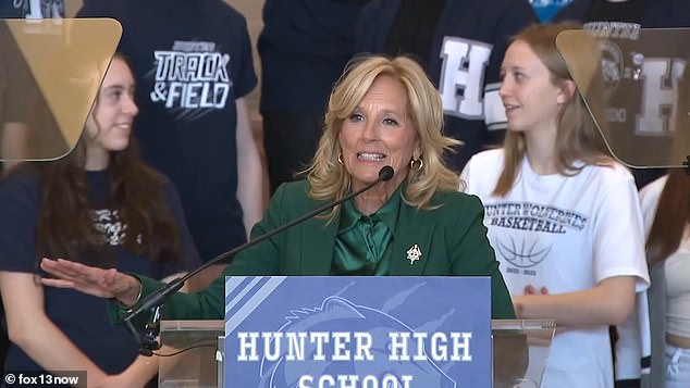 Jill Biden addresses students and teachers at Hunter High - a university in Utah - on Tuesday