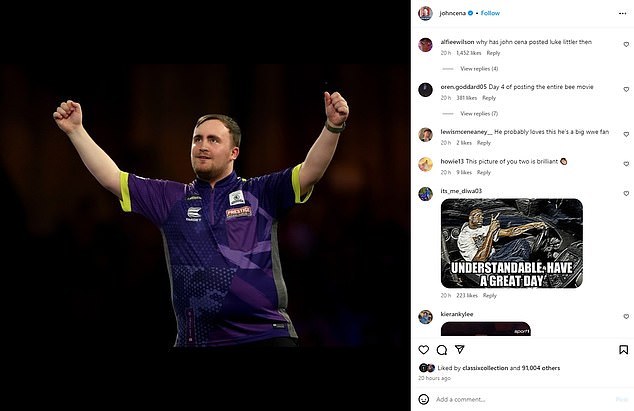 John Cena has honored Luke Littler on Instagram after his sensational performances at the World Darts Championship