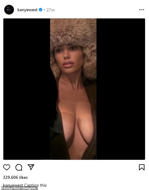 He also posted a closely cropped photo of Censori wearing a low-cut top and a large fuzzy hat.