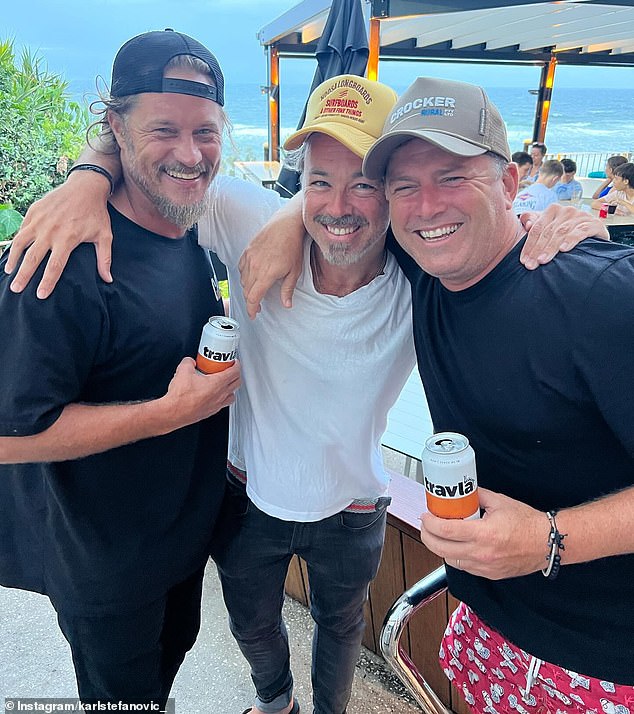 Karl Stefanovic reunited with Kick Gurry and Travis Fimmel in Noosa this weekend after the three worked on last year's Stan Original Series C*A*U*G*H*T