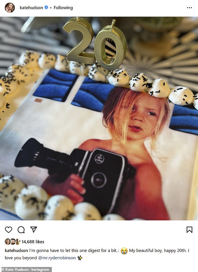 Kate Hudson celebrated her son Ryder Robinson's 20th birthday on Monday by sharing a photo of his birthday cake on her Instagram account