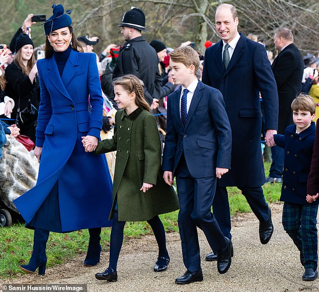 Kate, Charlotte, George, William and Louis at the service on Christmas Day 2023 at Sandringham.  William takes time off to support his wife and care for their children