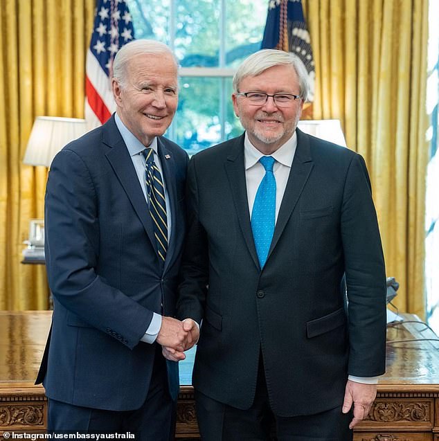 Kevin Rudd, the US ambassador to Australia, is desperately trying to build bridges with Trump's team as he looks increasingly likely to secure the Republican nomination and face a rematch against current US President Joe Biden (Mr. Rudd is pictured with current US President Joe Biden)