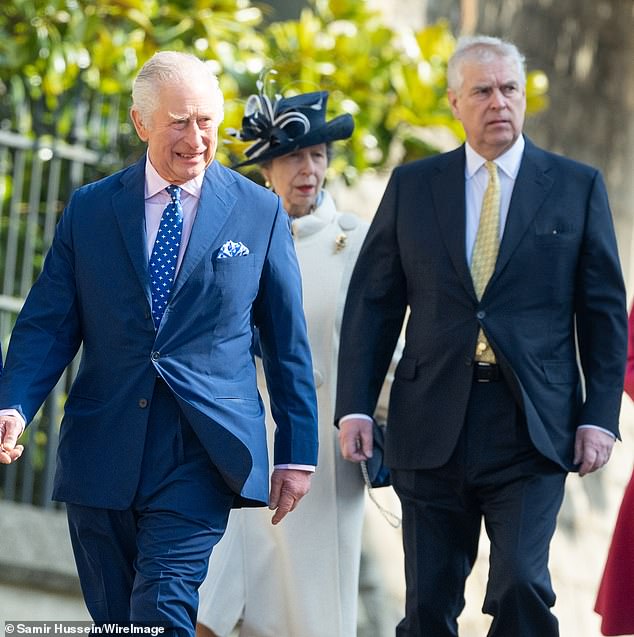 King Charles will not evict Prince Andrew from his Royal Lodge home because 'blood is thicker than water', an aide to the Duke has claimed.  Pictured: Charles and Andrew at Windsor Castle in April 2023, with Princess Anne following behind