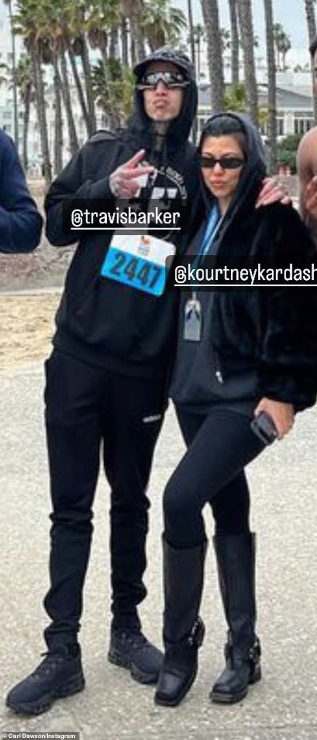 Kourtney Kardashian cheered on her neighbor-turned-husband of 20 months – Travis Barker – as he crossed the finish line on Sunday after running his first half marathon at High Tide Runs in Santa Monica