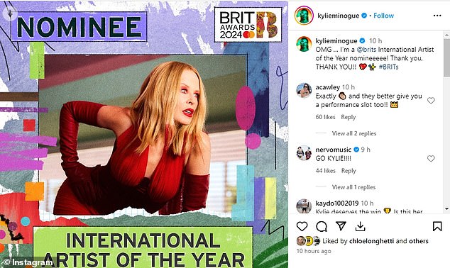 The Australian pop princess, 55, took to Instagram for the first time to share that she had been nominated for International Artist of the Year by the Brit Awards, her first nod at the British music awards show in 13 years