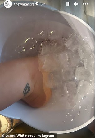 The star shared a photo of the behind-the-scenes preparations on Instagram earlier today as she iced her feet in preparation for a night in heels