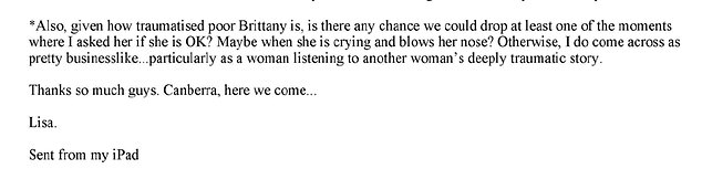 A series of hundreds of internal emails from Ten reveal that Wilkinson was concerned she came across as too serious and uncaring in the pre-broadcast versions of her interview with Ms Higgins.