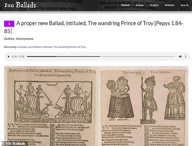 Number one on the list and therefore 'top of the 17th century pops' is 'The Wandering Prince of Troy', a ballad that was first printed in the 1660s