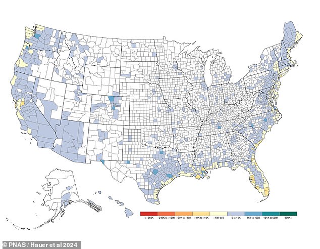 Rising sea levels will lead to a wave of young people migrating from America's coastal areas (red-to-yellow, above) to counties further inland (blue-to-green, above).  The new study estimates that the average age of coastal communities could be up to ten years older by 2100