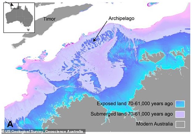 This landmass, known as the North West Shelf, was about 1.6 times the size of Britain and included archipelagos, lakes, rivers and a large inland sea.  The archipelagos were so large that they could have acted as 'stepping stones' for migration from Indonesia to Australia