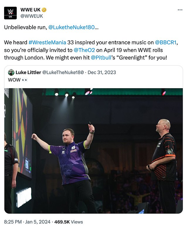 The wrestling organization contacted the teenage darts star and praised him for his sensational participation in the final of the PDC Darts World Championship