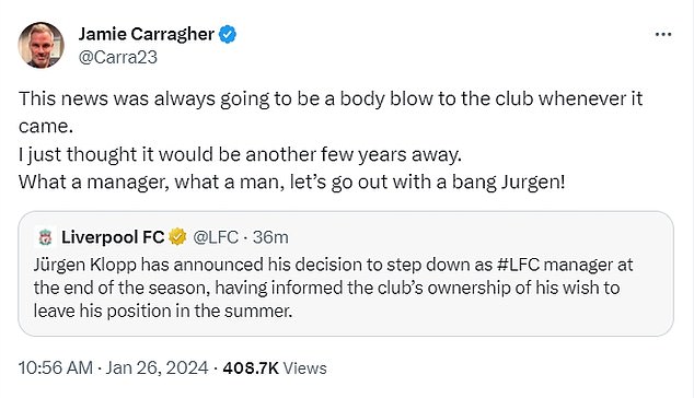 Jamie Carragher paid tribute to Klopp after confirming his decision to leave Liverpool