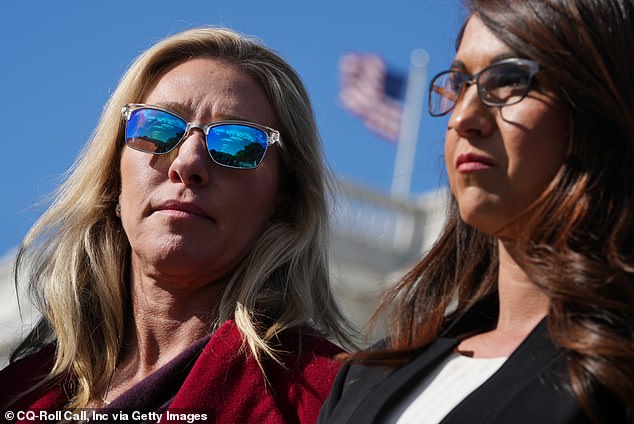 Representative Greene (left) and Boebert attend a House Freedom Caucus press conference in 2021