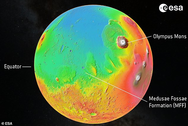 The water ice is located below the surface at the Medusae Fossae Formation, a large geological formation of volcanic origin near the equator of Mars