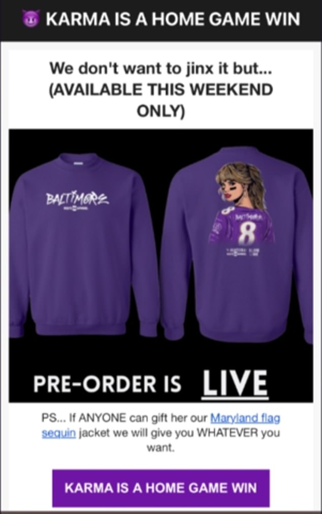 A Maryland-based retailer is selling sweatshirts featuring Taylor Swift in Ravens gear as a print