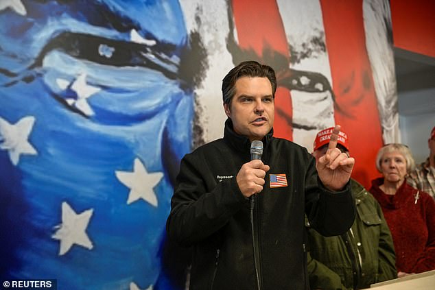 Gaetz (R-FL) greets supporters at the campaign headquarters of Republican presidential candidate and former U.S. President Donald Trump in New Hampshire ahead of the New Hampshire primary in Manchester, New Hampshire