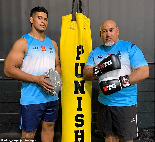 Alex Leapai Junior (pictured left in Titans gear) gets his boxing talents from his father Alex (right), who fought Wladimir Klitschko for the world heavyweight title