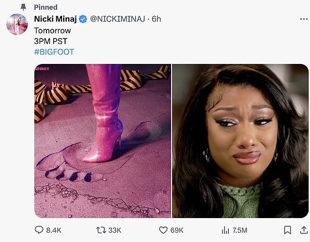 Minaj responded to the perceived slight this weekend with her own diss track, titled Big Foot – a song packed with outrage, including a reference to Megan's alleged cosmetic surgery