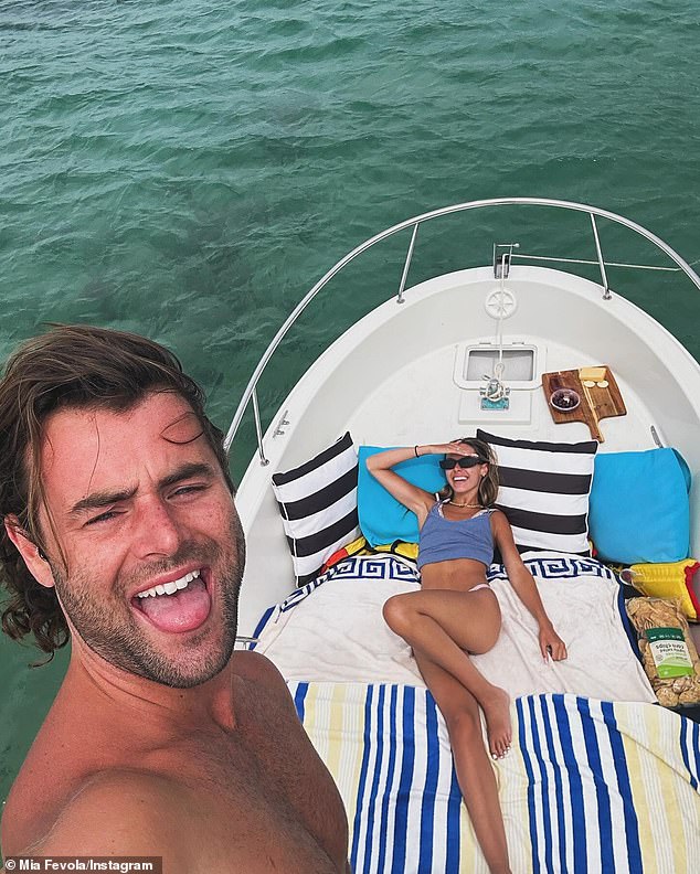 Mia Fevola has revealed she cried 'happy tears' after celebrating her 24th birthday on board a boat with her new boyfriend Bass Miller.  Both shown