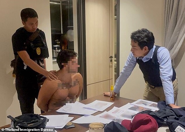 Suspected Australian Hells Angels leader Rodrigo Elices (pictured center) has been arrested in a luxury unit after flying to Thailand on a private jet, allegedly using a fake Italian passport