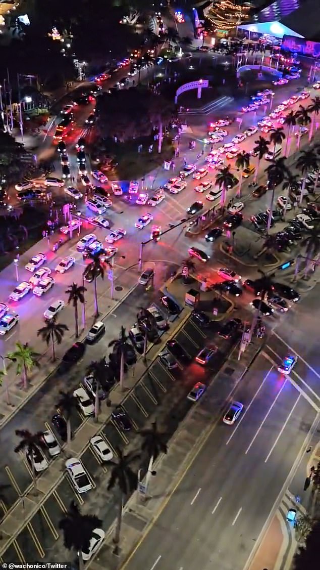 A video showed about 60 police vehicles swarming toward a Miami marketplace Monday night after what police said was a gathering of youths armed with sticks.