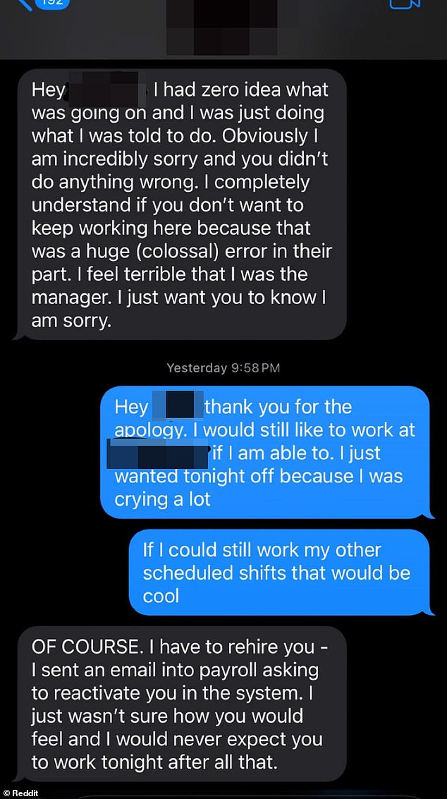 Her manager immediately apologized after realizing her mistake