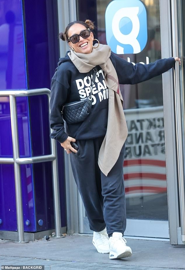 Myleene Klass looked relaxed in a black tracksuit as she arrived for her radio show on Global FM on Thursday